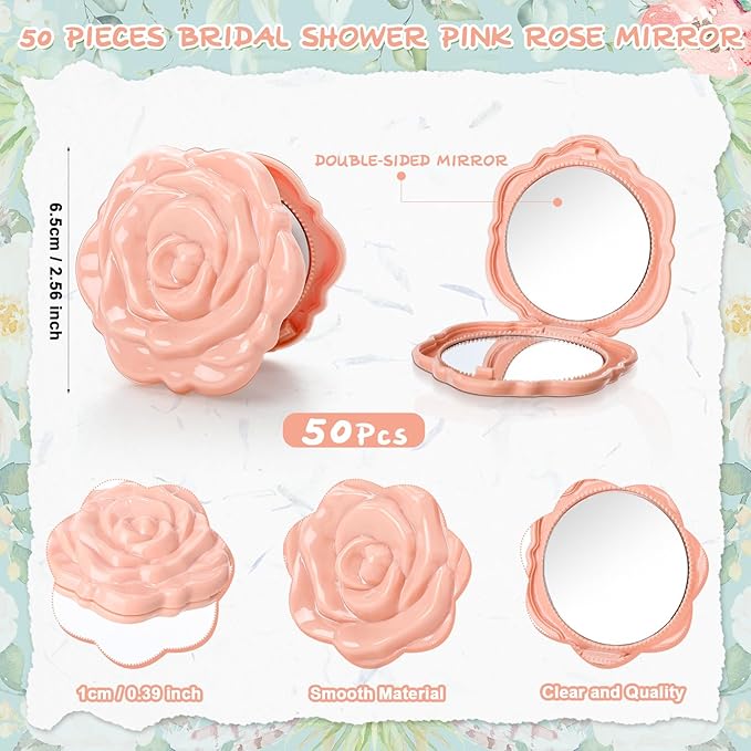 50 Sets Bridal Shower Party Favors for Guests Small Rose Compact Mirror Bulk Wedding Favors Thank You Cards and Organza Bags Wedding Party Guests Souvenir Gift (Pink Champagne)