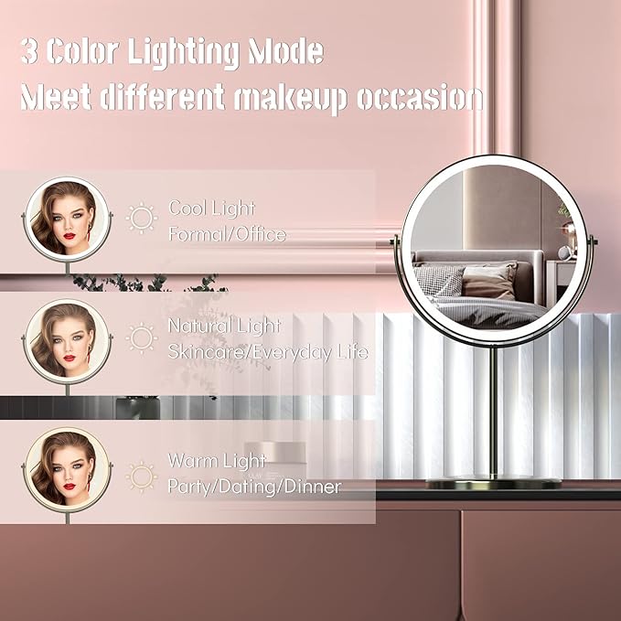 8" Lighted Vanity Mirror with Lights, 1X/10X Magnifying Makeup Mirror, Double Sided 360 Swivel USB Rechargeable, 3 Color Lights, Gifts for Women Mom Teen Girls