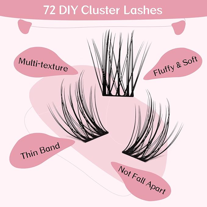 Lash Clusters, 72 Pcs Individual Cluster Lashes DIY Lash Extension 10-16mm Eyelash Clusters Volume Wispy Lashes Super Thin Band Reusable Soft & Comfortable(Glowing,D-16mm)