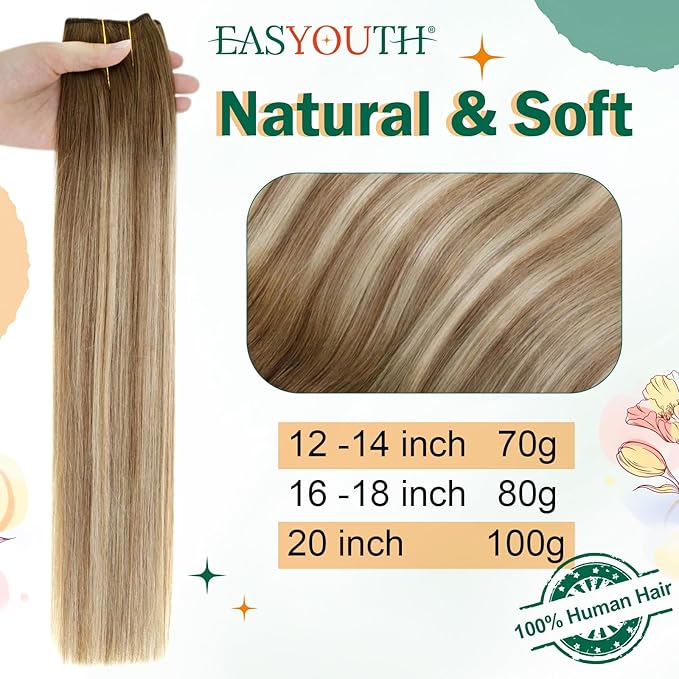Easyouth Wire Human Hair Extensions Balayage Invisible Wire Extensions Real Human Hair Dark Brown Ombre Light Brown with Blonde Real Hair Wire Extension with Clips for Thinning Hair 18Inch 80G