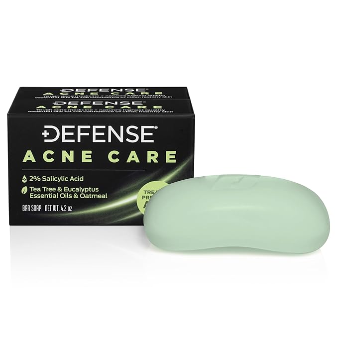 Defense Acne Care Bar Soap 4.2oz | contains 2% Salicylic Acid, Tea Tree & Eucalyptus Essential Oils & Oatmeal (Pack of 2)