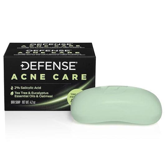 Defense Acne Care Bar Soap 4.2oz | contains 2% Salicylic Acid, Tea Tree & Eucalyptus Essential Oils & Oatmeal (Pack of 2)
