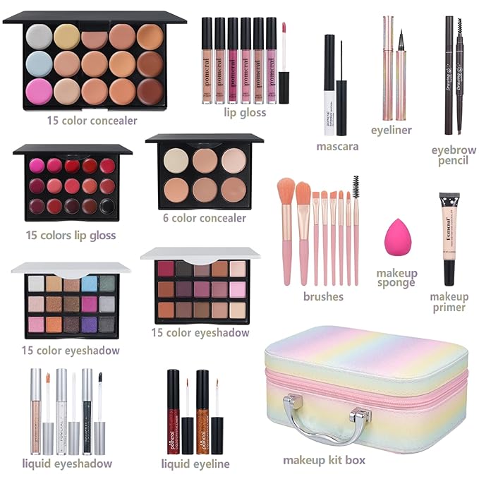 All In On Makeup Kit Makeup Set For Teens, Women, Girl and Beginners Includes Eyeshadow Concealer Palette Lip Gloss Set Lipstick Eye Pencil Makeup Brushes