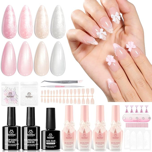Beetles Gel Nail Polish Gift Set, Beetles X DIY Nail Songs of Ballet Nail Trend Set Pearl nail polish with Nail Charm Ribbon Bow Pearls French Stickers DIY Collection home Salon Gift for Women