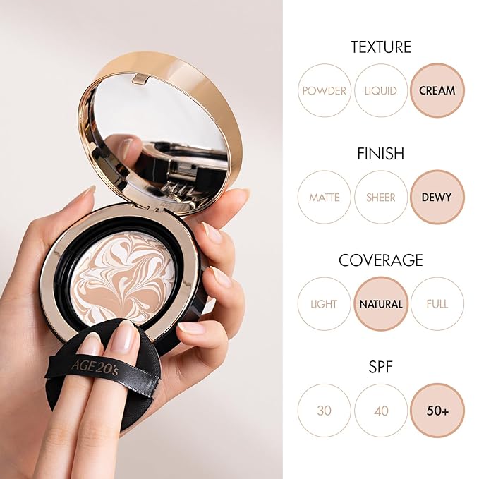 AGE20'S Signature Essence Pact SPF 50+ | Pack of 2 | 21 Light Beige | Cream Foundation, Dewy Finish, Natural Coverage | Korean Cushion Foundation