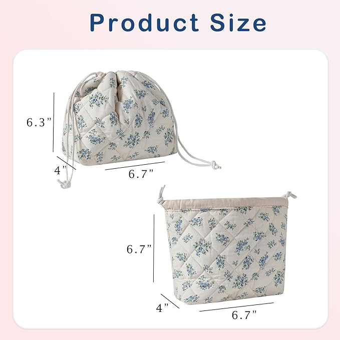 Cotton Quilted Drawstring Makeup Bag with Canvas Lining,Coquette Aesthetic Cute Travel Toiletry Bag,Drawstring Gift Bag for Women and Girls（11Blue Flower）