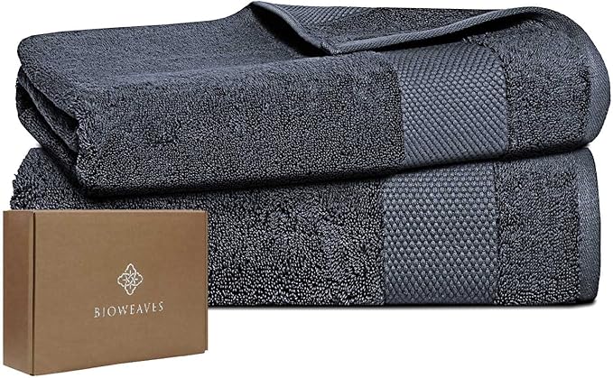 BIOWEAVES 100% Organic Cotton 700 GSM Plush Bath Towels 30" x 58" GOTS Certified - Charcoal, Pack of 2