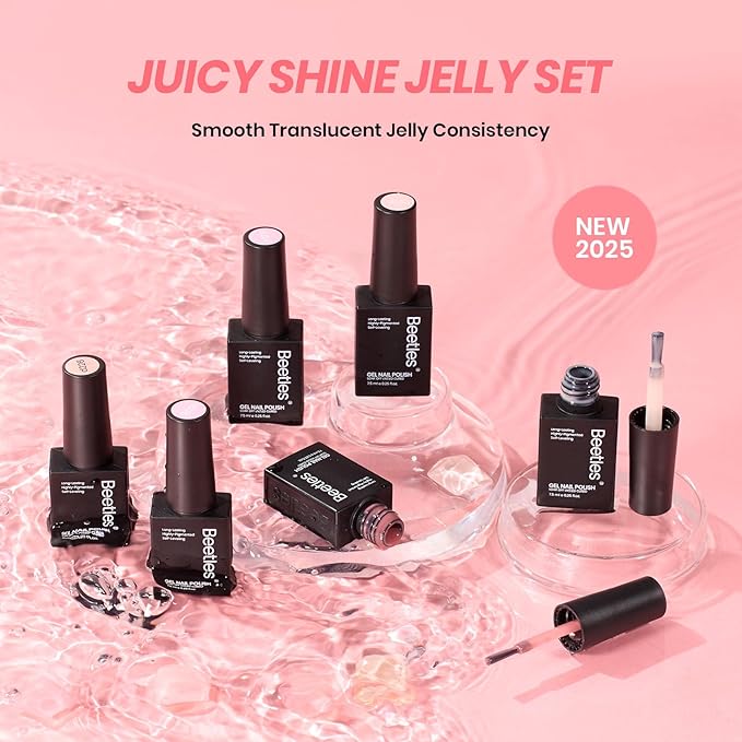 Beetles Jelly Gel Nail Polish Set, 6 Colors Nude Pink Gel Polish Kit Neutral Shimmer Translucent Sheer Gel Soak off Uv Nail Concealer Peach Juice Collection French Nail Art Manicure Gift for Women