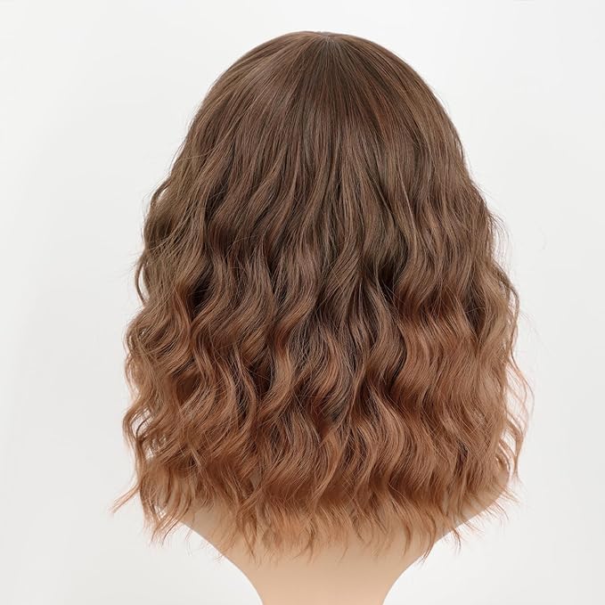 AISI HAIR Synthetic Wavy Curly Bob Wig with Bangs Ombre Brown to Auburn Brown Wig Short Hair for Women Synthetic Heat Resistant Bob Wigs