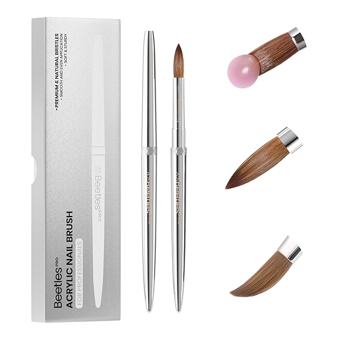 Beetles Kolinsky Acrylic Nail Brush Pure Kolinsky Hair Bristles Round Shaped Metal Handle Nail Art Brushes for Manicure Extension Acrylic Powder Professional Salon Manicure Tool - Size 12