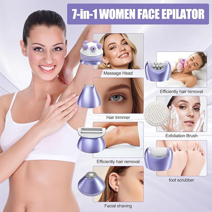 Pluxy Epil Pro 3.0 Women Face Epilator, 7-in-1 Rechargeable Facial Hair Remover with LED Battery Display, Facial Shaver for Face, Eyebrow, Nose Trimmer