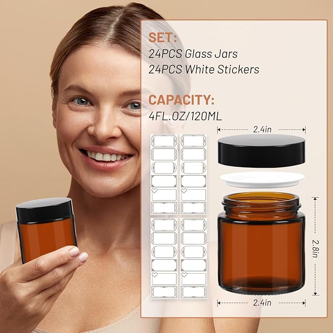 AuroTrends 4 oz Amber Glas Jars with Lids 24Pack, Portable Amber Round Empty Glass Candle Jars with Lids/Body Butters Containers/Body Butter Jar (4 fl. oz, Set of 24)