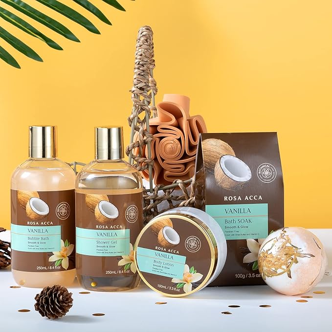Mothers Day Gifts Spa Gift Basket for Women and Men, 7pcs Vanilla Coconut Bath and Body Self Care Set With Bath Bomb, Shower Gel, Parfume Lotion, Spa Kit, Skin Care, Birthday, Bridal Shower, Christmas