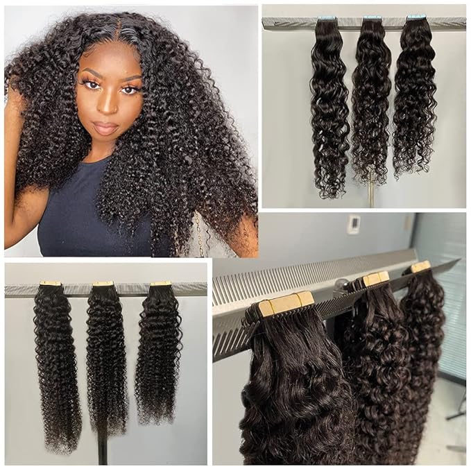 Kinky Curly Tape in Hair Extension Double Sided Skin Weft Brazilian Human Hair for Black Women 14Inch 50G 20PCS/Set Seamless Afro Curly Tape In Extensions Natural Color Invisible Tape Hair Extensions