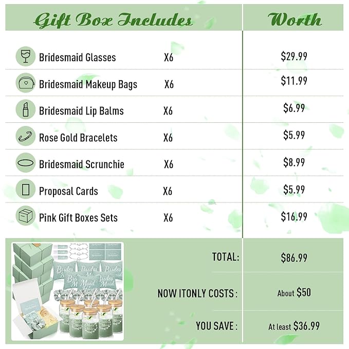 54 Pcs Bridesmaid Proposal Gifts Bridesmaid Box Set Include Bridal Shower Gift Box Makeup Bag Invited Card Glass Cup Lip Balm Scrunchie Hair Knotted Bracelet for Maid of Honor(Green)