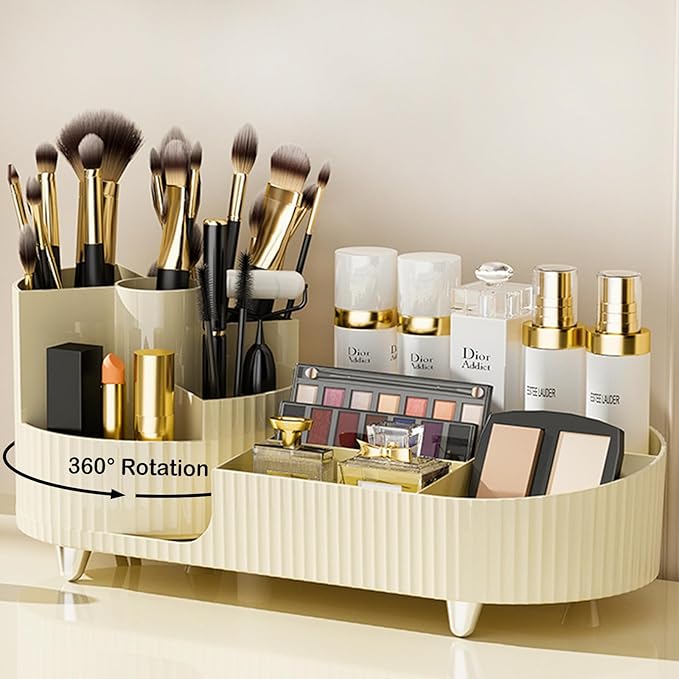 360° Rotating Vanity Makeup Organizer with Brush Holder, Large Spinning Cosmetic Storage for Skincare, Perfumes and Lotions