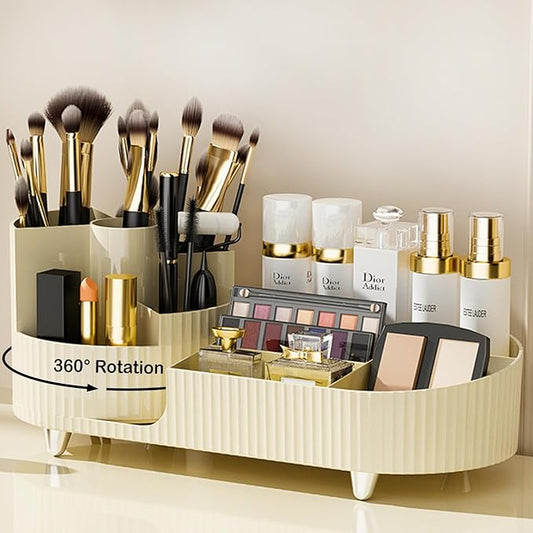 360° Rotating Vanity Makeup Organizer with Brush Holder, Large Spinning Cosmetic Storage for Skincare, Perfumes and Lotions