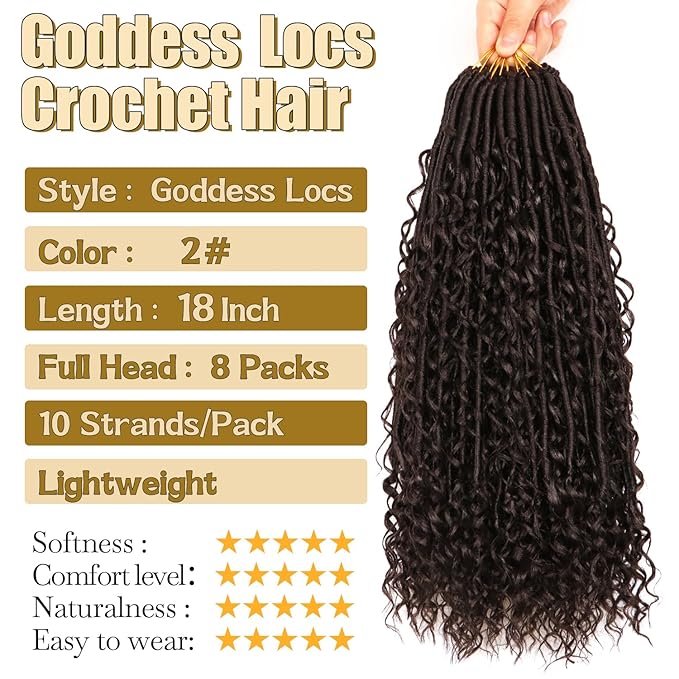 8 Packs Goddess Faux Locs Crochet Hair-18 Inch Boho Soft Locs Crochet Hair for Black Women (#2, 18 Inch(Pack of 8))