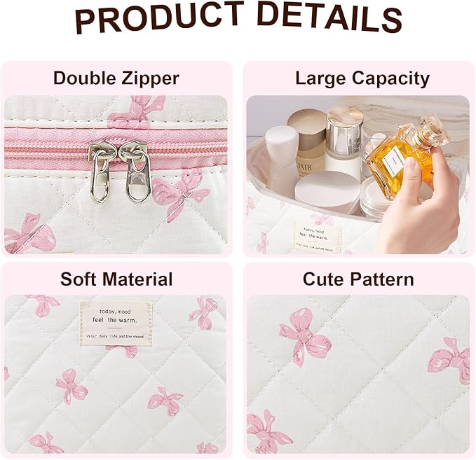 3Pcs Makeup Bag Cotton Quilted Travel Cosmetic Bag Cute Floral Makeup Pouch Large Toiletry Bag for Women Girls (Bow-Pink)