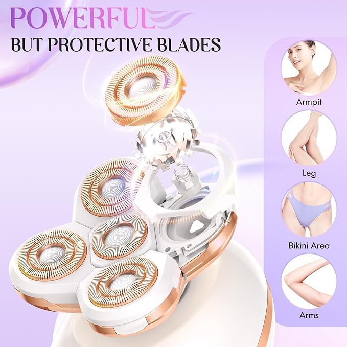 Electric Razors for Women - Painless Body Shavers for Sensitive Skin - 4 in 1 Cordless Lady Trimmer for Women's Leg, Bikini and Face - Waterproof Wet/Dry Remover, Rechargeable, Gold