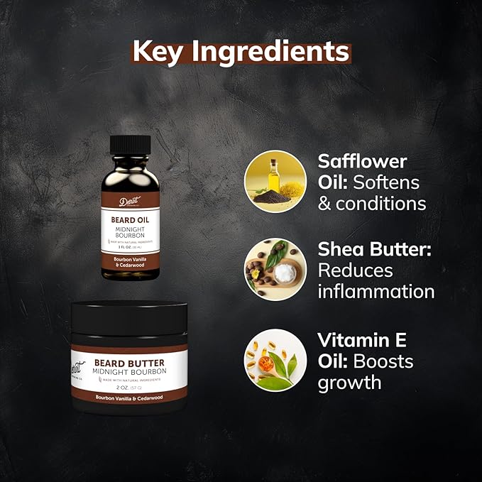 Detroit Grooming Co. Beard Oil & Beard Balm Bundle | Midnight Bourbon Scent (Bourbon Vanilla & Cedarwood) | Hydrating Beard Care Set with Vitamin E & Sunflower Oil | 1 oz Beard Oil & 2 oz Beard Balm