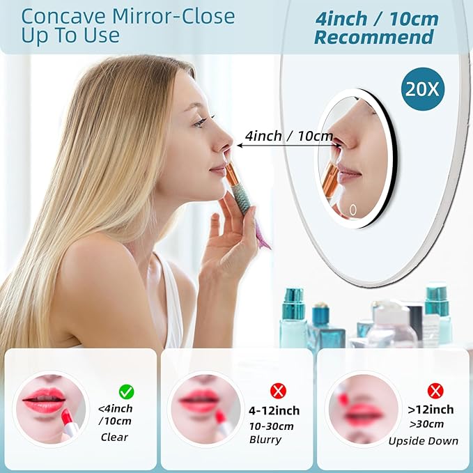 20X Magnifying Mirror with Light, Large 6'' Rechargeable 3 Colors Dimming Lighted Magnified Mirror with 3 Suction Cups and 360° Table Stand, Vanity Makeup Mirror with Tweezers & Scissors