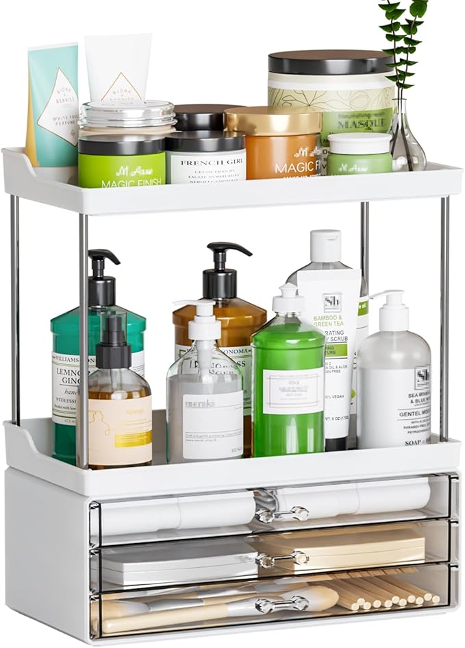 2 Tier 3-Drawer Bathroom Counter Storage Organizer - Stackable Design - 14.4" Tall Large Beauty Product Organizer Suitable as Makeup,Beauty,Face Product,Lotion,Skincare Organizer,White