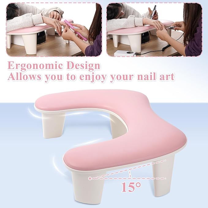 Arm Rest for Nails Tech Professional Manicure Hand Rest Pillow U-Shaped Soft PU Leather Detachable Manicure Hand Rest for Nails Toenails and Acrylic Nails Tech Pink