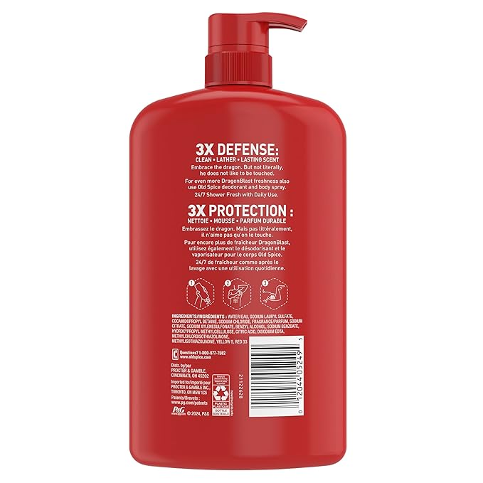 Old Spice Cleansing Body Wash for Men, 3X Defense, 24/7 Shower Fresh with Lasting Scent, 2-in-1 Body & Face Wash, Dragonblast Scent, 33.4 (Pack of 4)