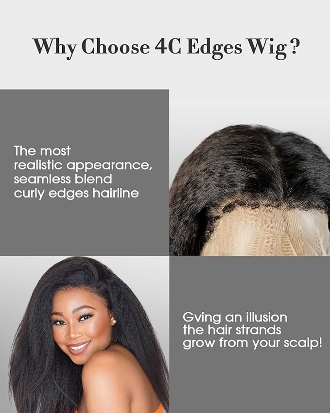 4C Edges HD Lace Front Wig Human Hair Kinky Stairght, 13x4 Lace Frontal Kinkystraight Wigs with Kinky Edges Hairline Pre-Plucked 180% Density 28 inch