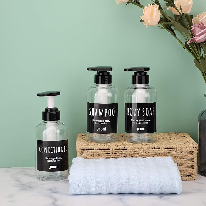 Shampoo Dispenser Bottle, Segbeauty 3pcs 10.1oz/300ml Plastic Pump Bottle Dispenser, Refillable Shampoo Pump Bottles for Shower, Pump Bottles for Body Soap Shampoo Conditioner Hotel Bathroom