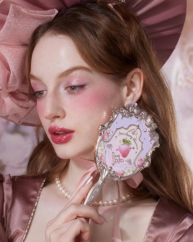 Flower Knows Strawberry Rococo Hand Mirror,Portable Vintage Handheld Mirror,Durable Metal Mirror,Cute & Aesthetic Princess Mirror,with Long Handle for Easy Holding,Gift for Girls(Wisteria Purple)