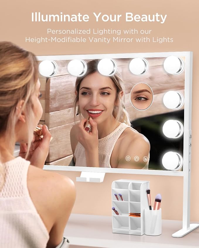 BESTOPE PRO Vanity Mirror with Lights, 23.6'' x 22.4'' Height Adjustable Makeup Hollywood Mirror with 3 Color Modes, 10X Magnification and 2 Storage Boxes, USB Charging Port, Phone Holder, Women Gifts