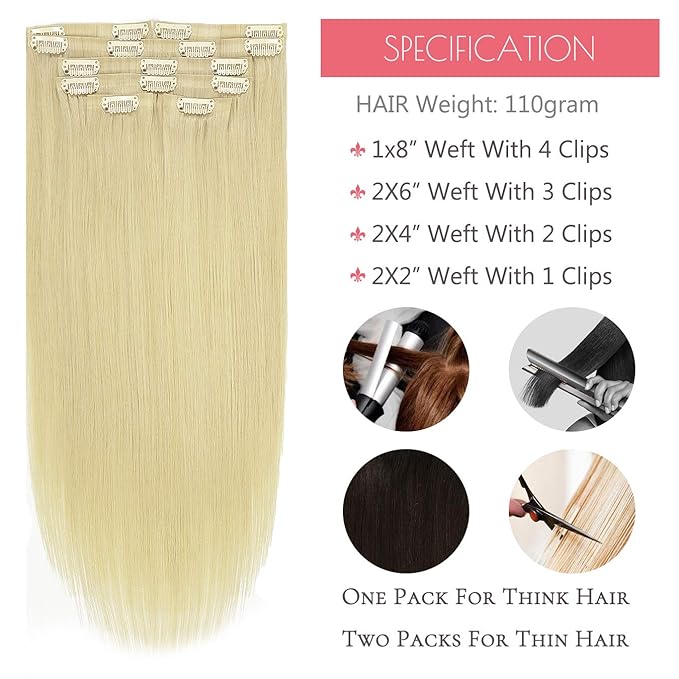 Loxxy Seamless Hair Extensions - 14Inch 110Gram 7Pcs Bleach Blonde #60 Highlights Clip in Human Hair Invisible PU Double Weft Natural Tape Clip in Human Hair For Women