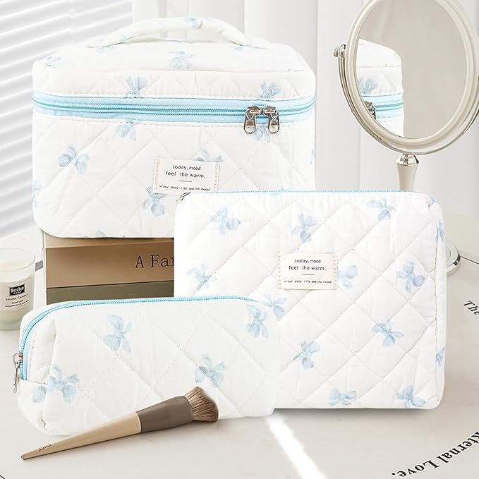 3Pcs Makeup Bag Cotton Quilted Travel Cosmetic Bag Cute Floral Makeup Pouch Large Toiletry Bag for Women Girls (Bow-Blue)