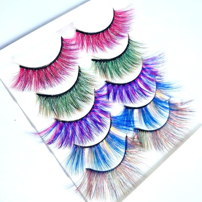 Sunniess Ombre Colored Lashes Silk Protein Fluffy Wispy Volume Fake Lashes for Halloweens Cosplay Party Stage Russian D Curl Lashes with Color Make up Faux Mink False Eyelashes