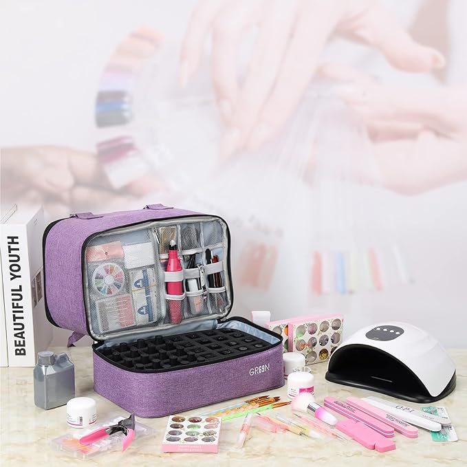 Nail Polish Organizer Bag,Double Layer Nail Polish Storage Fits a Nail Lamp and 40 Bottles,Great Size Nail Storage Organizer For Nail Drill,Nail Supplies Set (Bag Only)-Purple