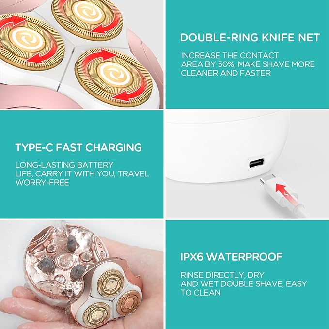 Electric Shaver for Women 3D Floating Blade Rotary Razor Hair Remover for Arms, Legs and Underarms Rechargeable Portable and Safe Wet and Dry Use ES300