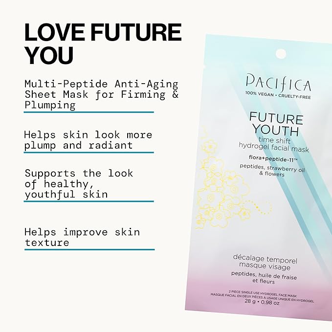 Pacifica Future Youth Time Shift Hydrogel Facial Mask, Multi-Peptide Anti-Aging Sheet Mask for Firming & Plumping, Ultra-Hydrating Serum-Infused Mask for Face & Neck, 100% Vegan