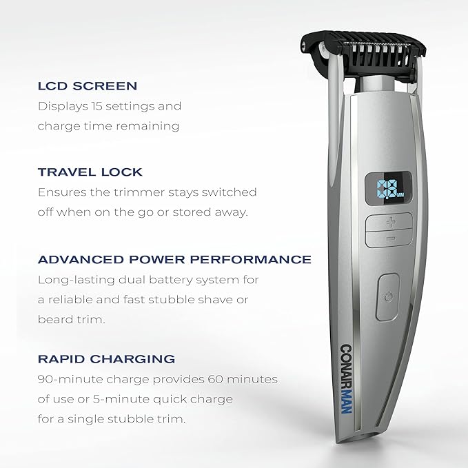 ConairMAN Beard Trimmer for Men, for Face and Mustache, Wet/Dry Beard and Stubble Trimmer, Flex Contouring Head with 15 Precise Settings and Premium