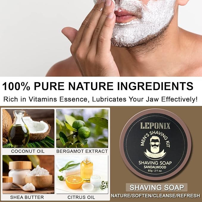 Shaving Kit for Men-Includes Straight Edge Razor Kit, Sandalwood Shaving Soap, Shaving Cream, Mens After Shave Balm, Pre-Shave Oil,Shaving Brush and Bowl, Gift Set Stocking Stuffers (Sandalwood)