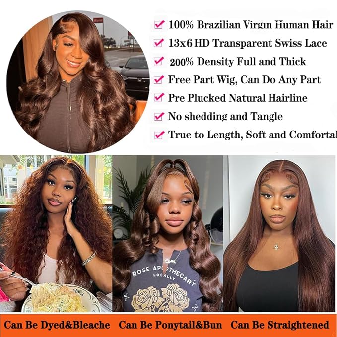 28 Inch Chocolate Brown Lace Front Wig Human Hair 13x6 HD Transparent Body Wave Lace Front Wigs Human Hair Pre Plucked Brown Wig Human Hair 200% Density Colored #4 Frontal Wigs Human Hair