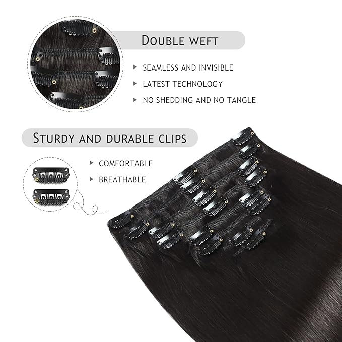 Yilite Clip in Hair Extensions - 20 Inch 120g 8pcs Real Human Hair Natural Silky Double Weft - Off Black