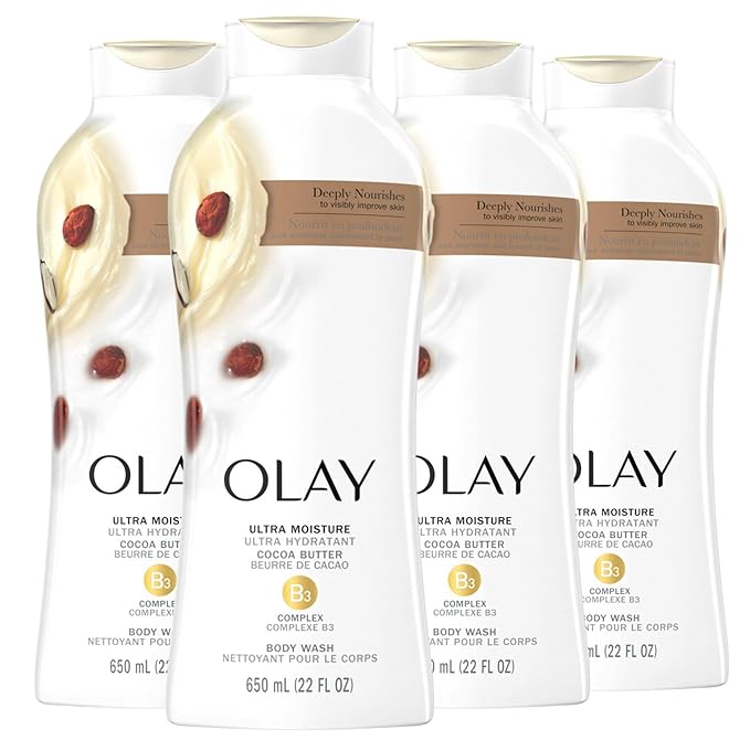 Olay Body Wash for Women, Ultra Moisture, 24hr Moisturizing, Hydrating & Refreshing, B3 Vitamin Complex, Free of Parabens & Phthalates, For All Skin Types, Cocoa Butter Scent, 22 fl oz (Pack of 4)