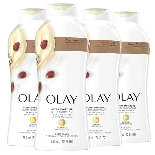 Olay Body Wash for Women, Ultra Moisture, 24hr Moisturizing, Hydrating & Refreshing, B3 Vitamin Complex, Free of Parabens & Phthalates, For All Skin Types, Cocoa Butter Scent, 22 fl oz (Pack of 4)