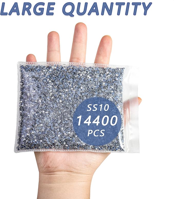 Beadsland Hotfix Rhinestones Bulk, 14400PCS Crystal Hot Fix Rhinestones for Crafts Clothes DIY Decoration, Crystal, SS10, 2.7-2.9mm