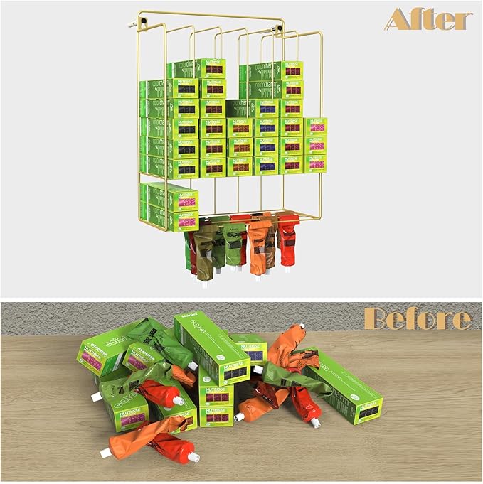 ikare Hair Color Organizer for Salon - Wall-Mounted Salon Organizers and Storage with Two Expansion Screws, Iron Salon Storage Rack with Hair Dye Paste Hanging Space (GOLD)