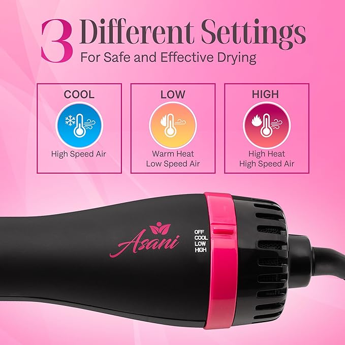 Asani Hair Dryer Brush - 4-in-1 Blow Dryer with Comb, Curling & Hot Hair Straightener Brush - Round Blowout Straightening Brush with Anti-frizz Ceramic Titanium Barrel for All Hair Types (120V)