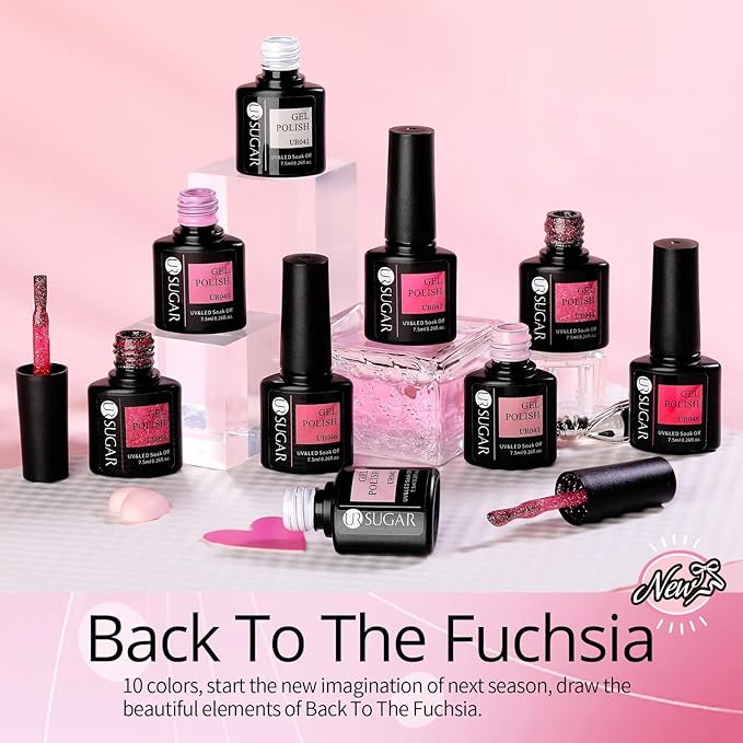 UR SUGAR Pink Red Gel Nail Polish Set, 10 Colors Valentine's Light Nude Pink Glitter Magenta Burgundy Red Dark Glitter Polish for All Seasons Soak Off Gel Nail Manicure Gifts Set for Women