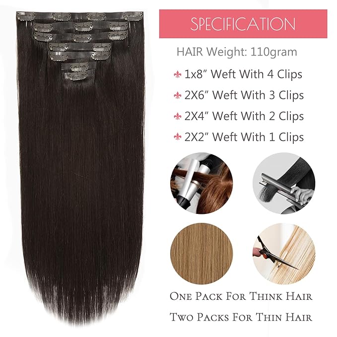 Loxxy Seamless Hair Extensions Clip in Human Hair 22inch Darkest Brown 100% Remy Natural Thick Hair Silky Straight Ultra-Invisible Tape Clip Hair Extensions 110gram #2